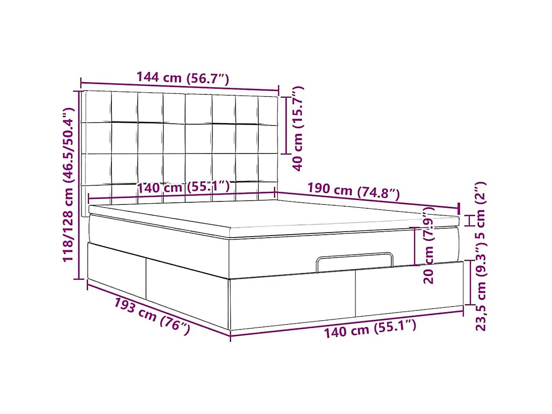 Cadre de lit ottoman et matelas gris clair 140x190 cm tissu