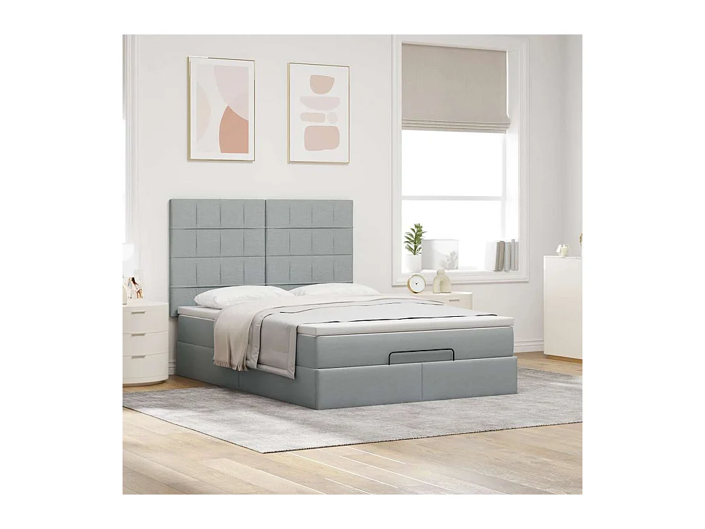 Cadre de lit ottoman et matelas gris clair 140x190 cm tissu