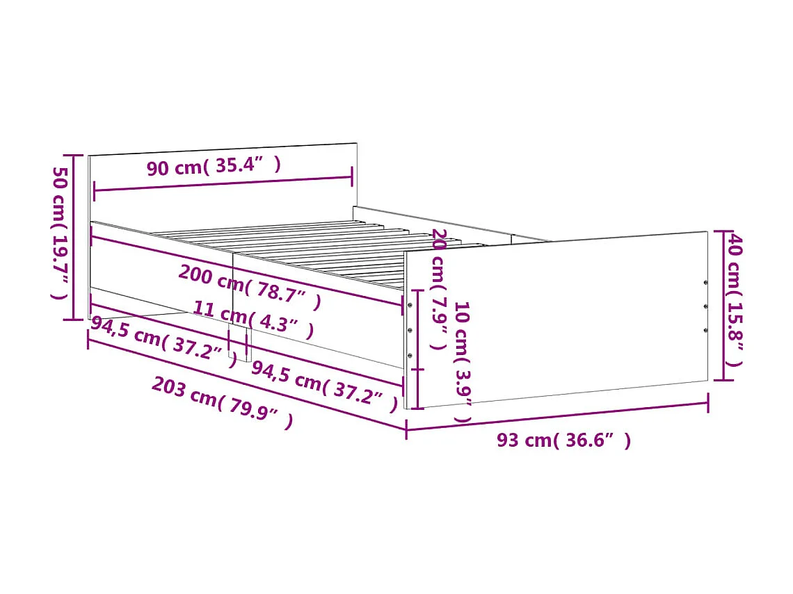 Cadre de lit sans matelas gris béton 90x200 cm