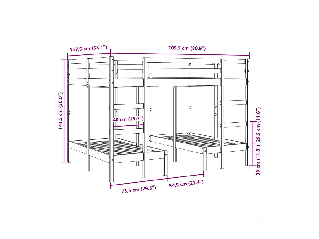 Lit superposé triple blanc 140x200/70x140 cm bois de pin massif