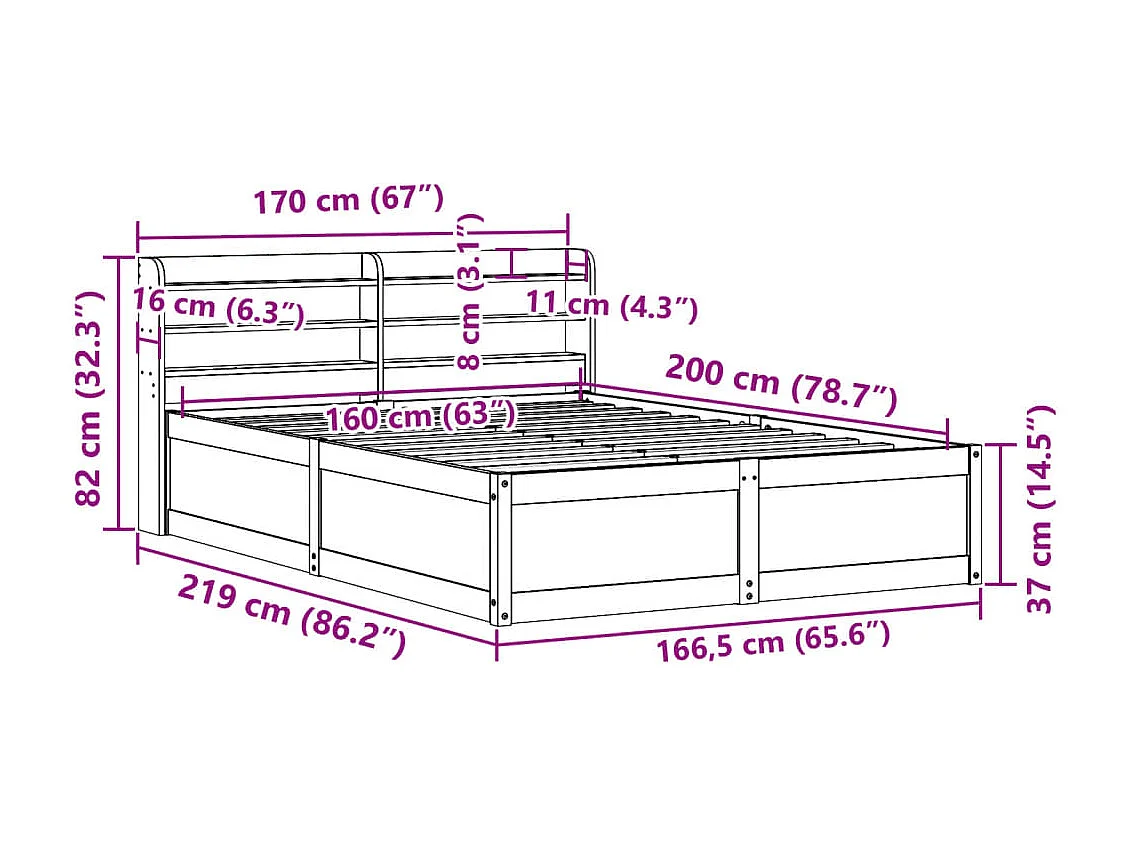 Bedframe met hoofdbord massief grenenhout wasbruin 160x200 cm