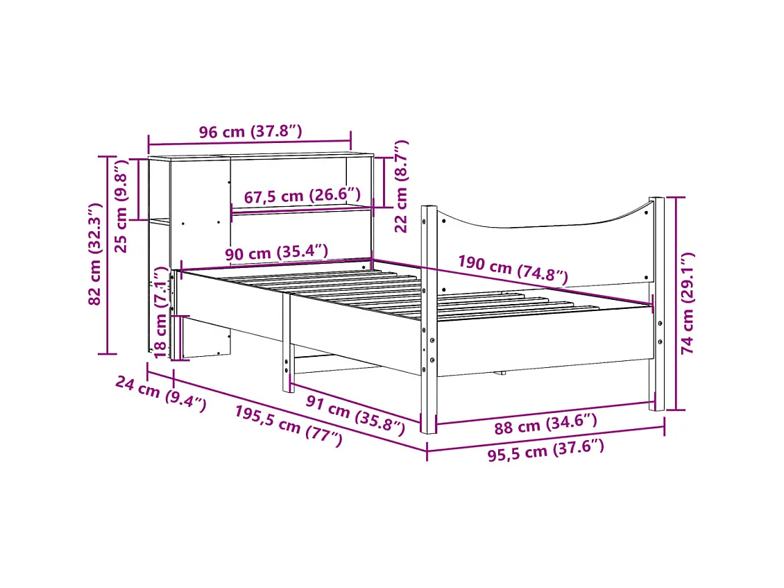 Letto senza Materasso Bianco 90x190 cm in Legno Massello Pino