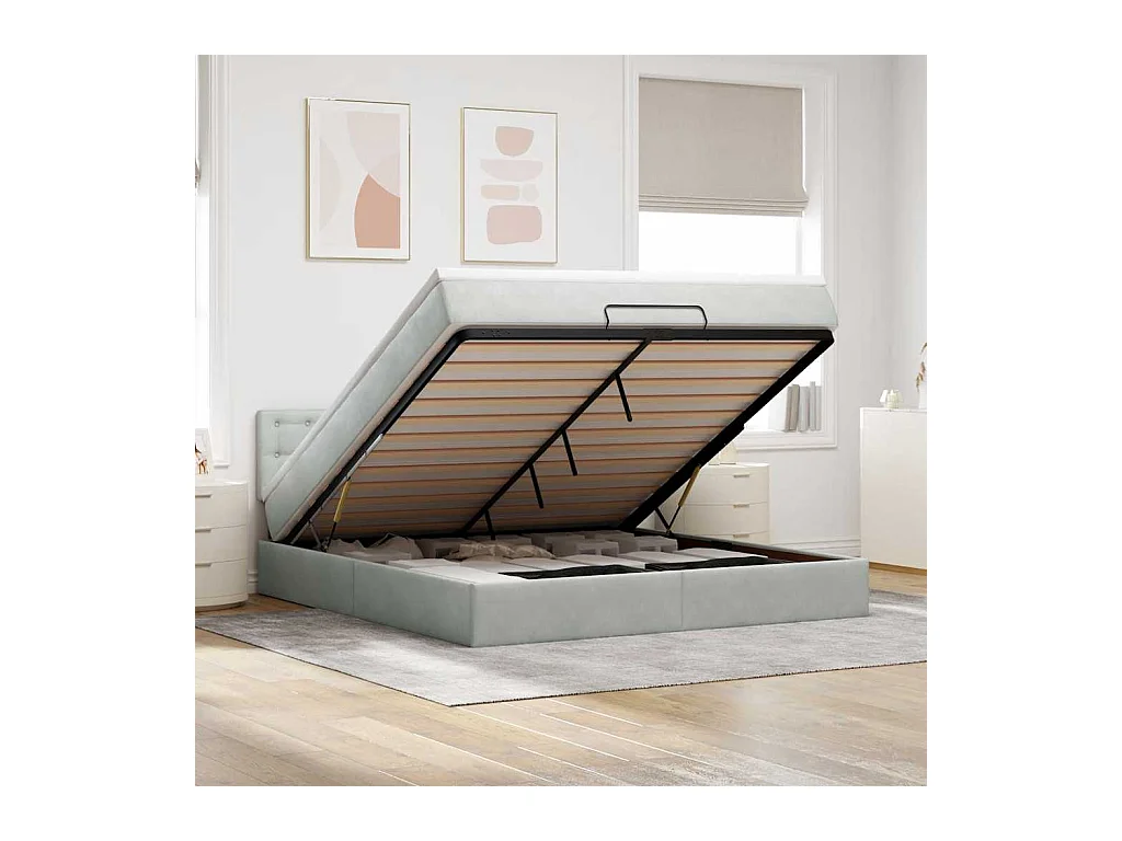 Cadre de lit ottoman avec matelas gris clair 180x200 cm velours