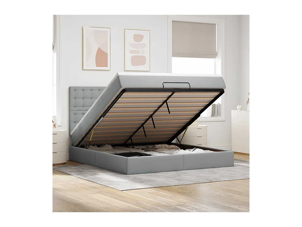 Cadre de lit ottoman et matelas gris clair 180x200 cm tissu