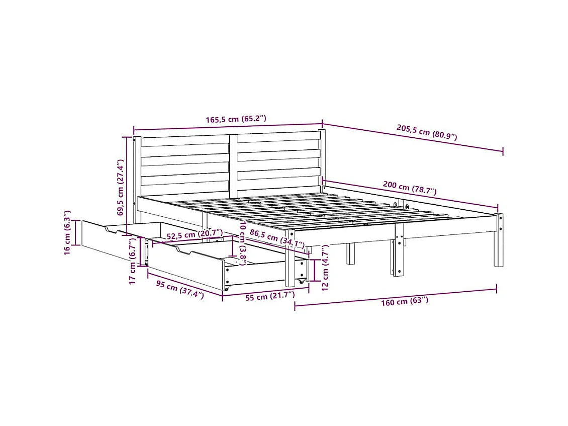 Bedframe zonder matras massief grenenhout wit 160x200 cm