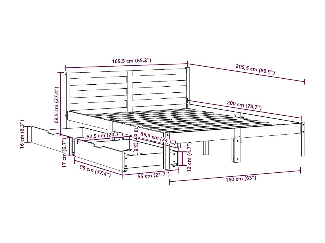 Bedframe zonder matras massief grenenhout wit 160x200 cm