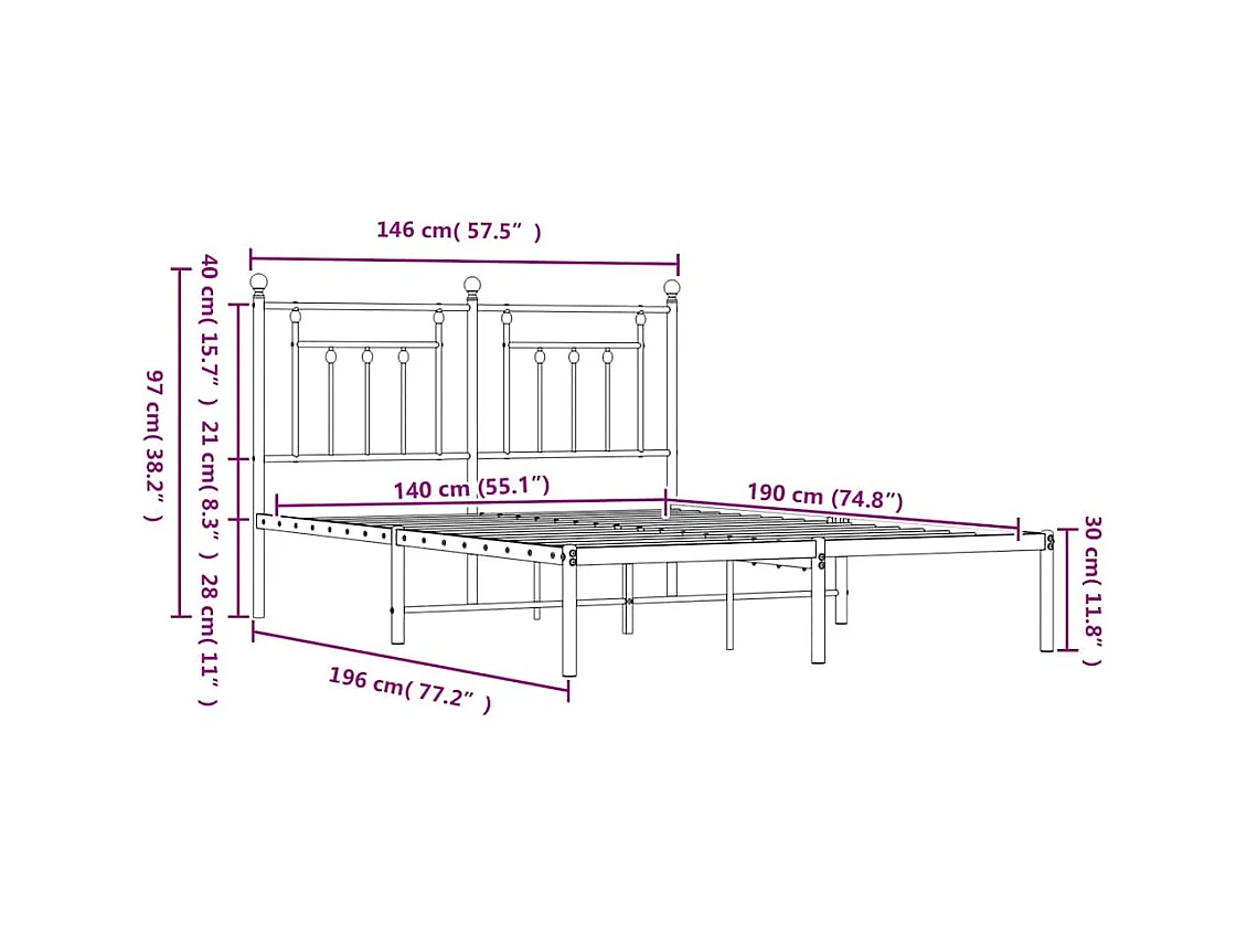 Cadre de lit métal sans matelas et tête de lit blanc 140x190 cm