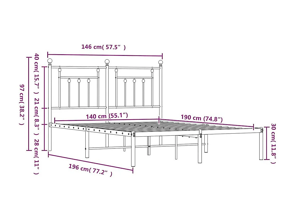 Bedframe met hoofdbord metaal wit 140x190 cm