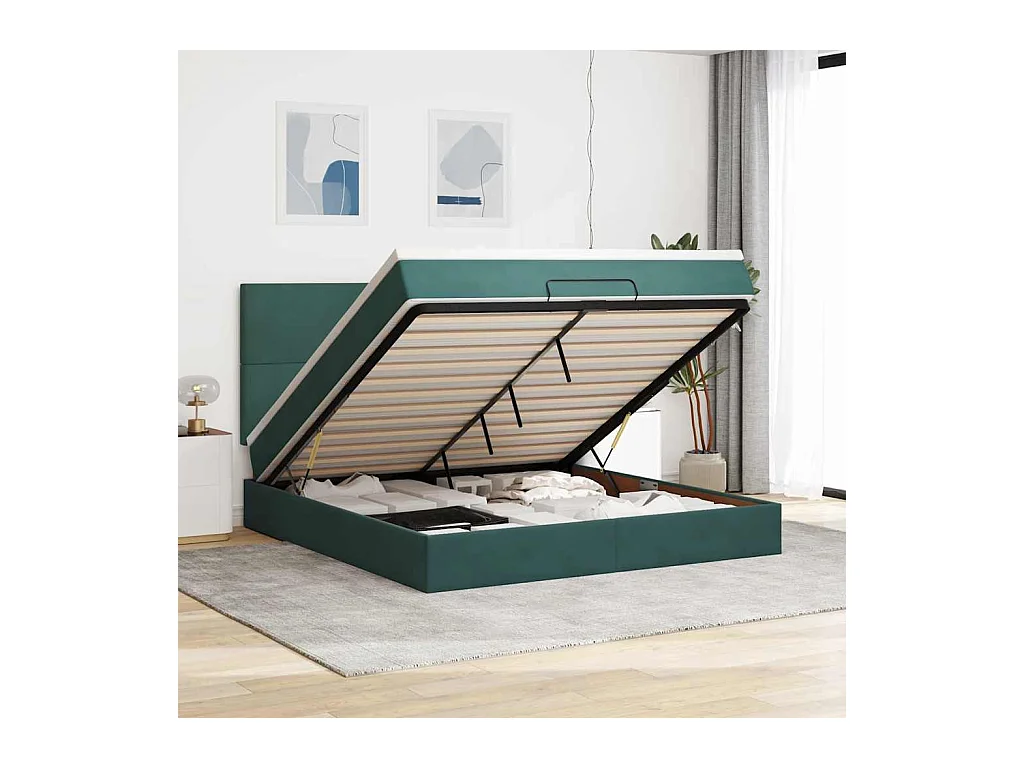 Cadre de lit ottoman avec matelas vert foncé 160x200 cm velours