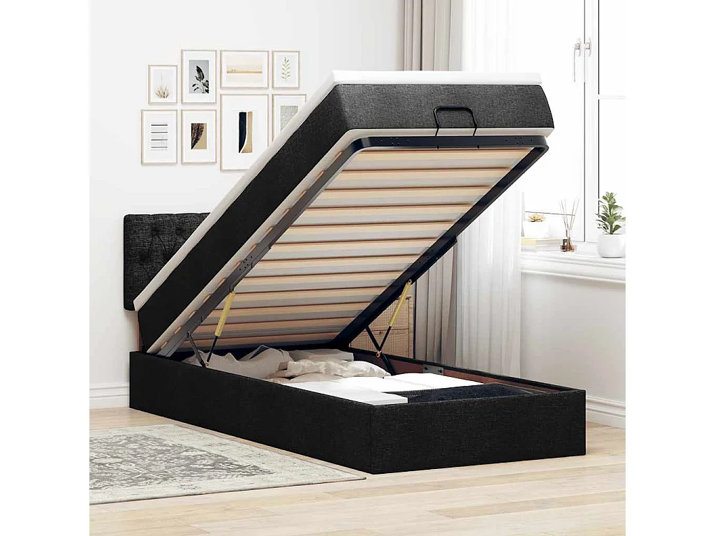Lit ottoman avec matelas noir 100x200 cm tissu