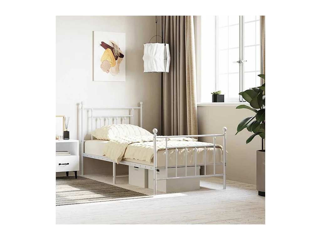 Cadre de lit métal sans matelas avec pied de lit blanc 90x200cm