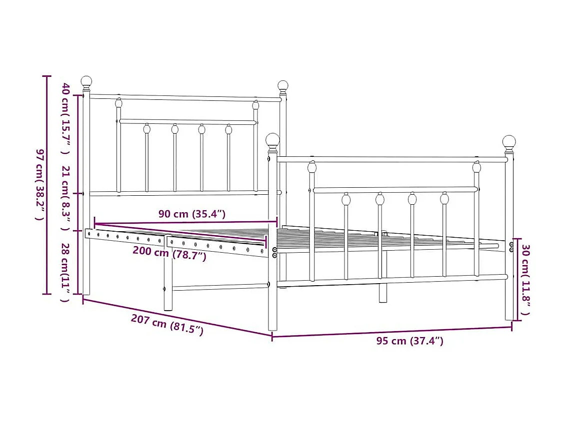 Cadre de lit métal sans matelas avec pied de lit blanc 90x200cm