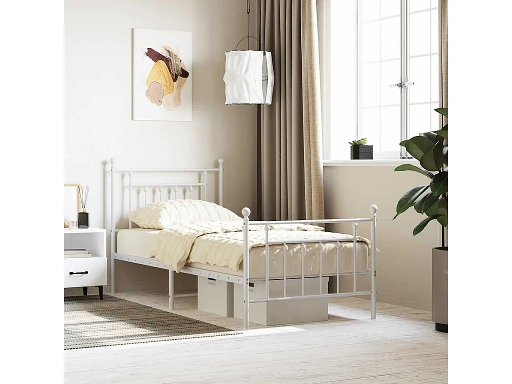 Cadre de lit métal sans matelas avec pied de lit blanc 90x200cm