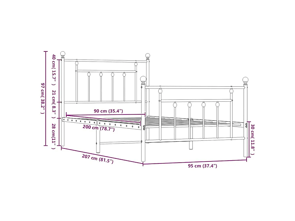 Cadre de lit métal sans matelas avec pied de lit blanc 90x200cm