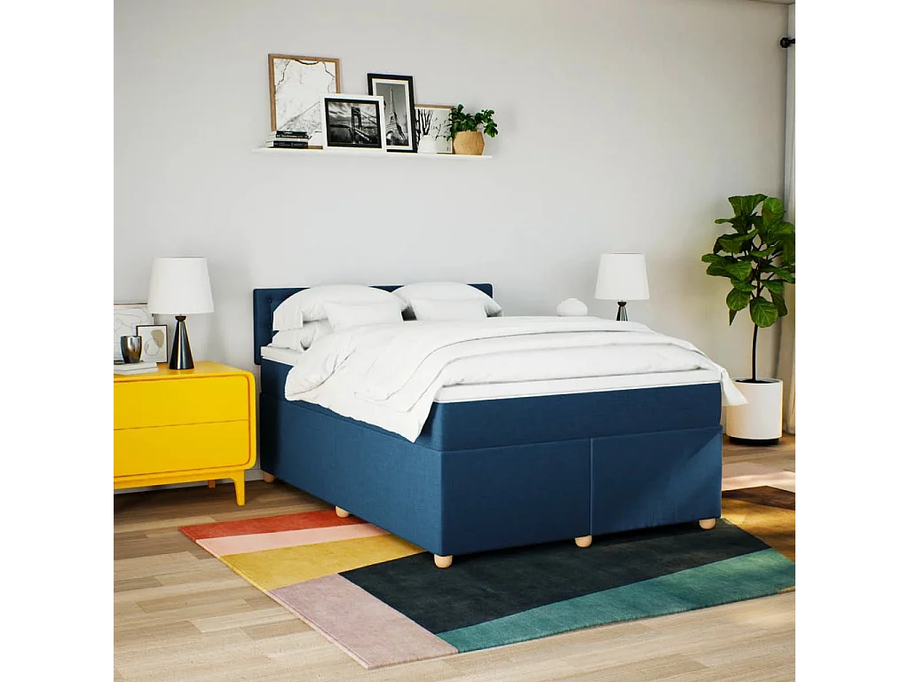 Cama box spring con colchón tela azul 160x200 cm