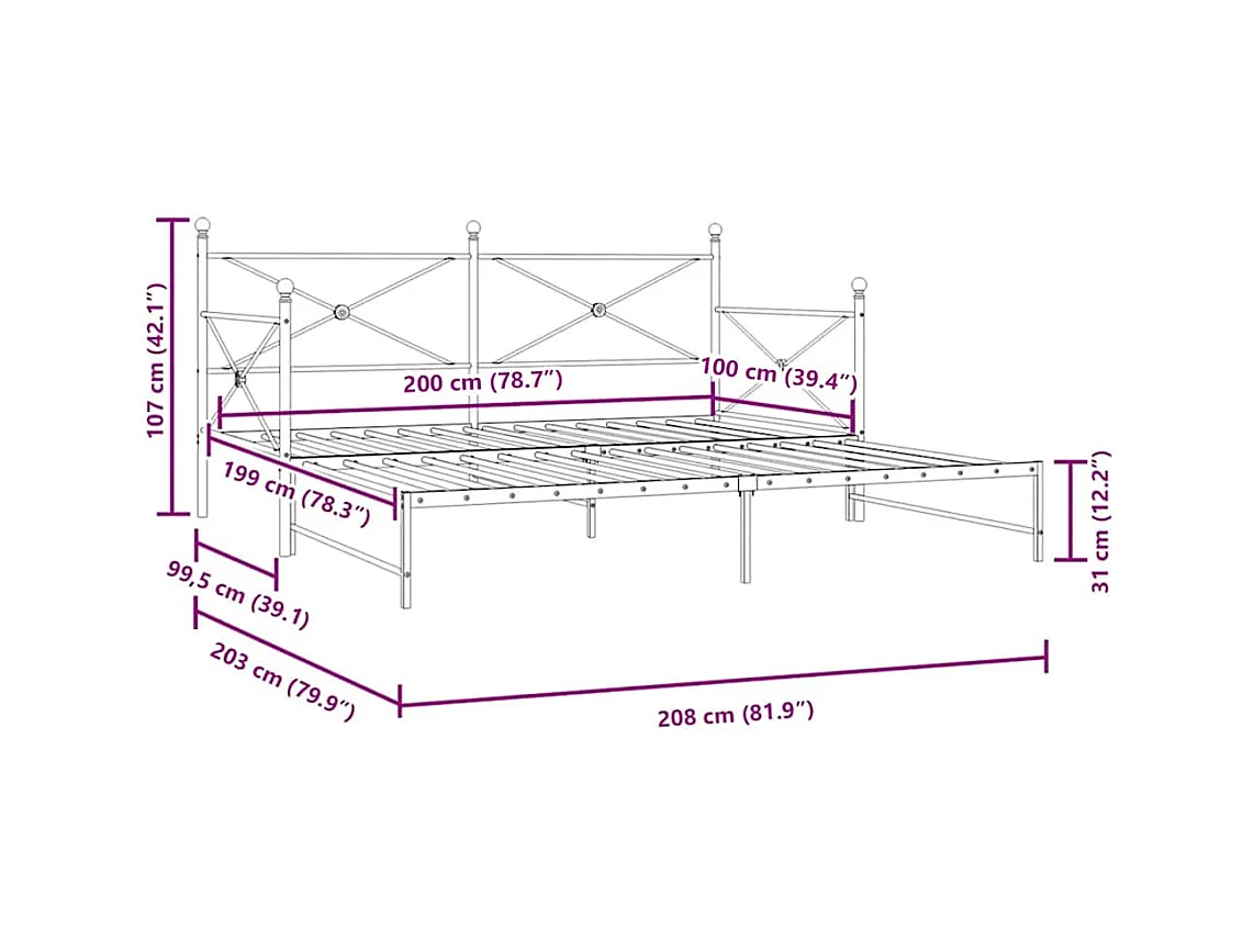 Lit de jour avec gigogne sans matelas noir 100x200 cm acier