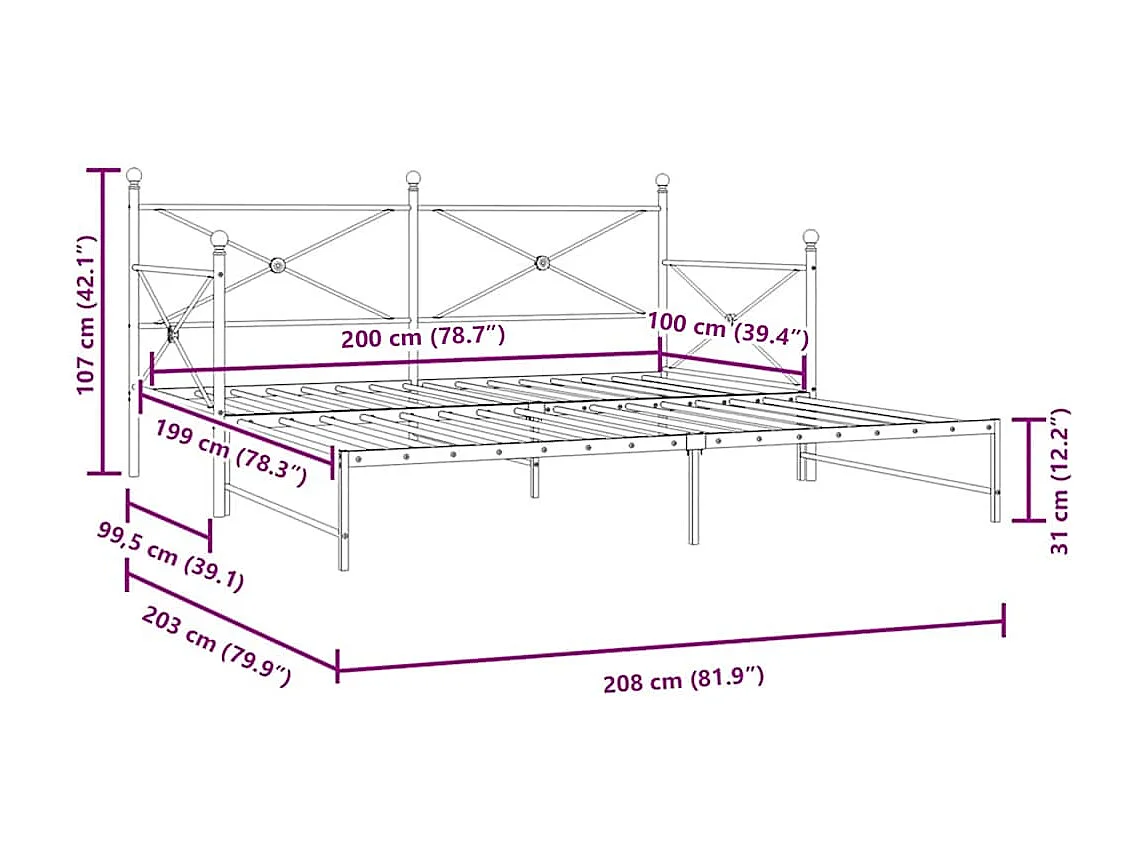 Tagesbett Ausziehbar ohne Matratze Schwarz 100x200 cm Stahl