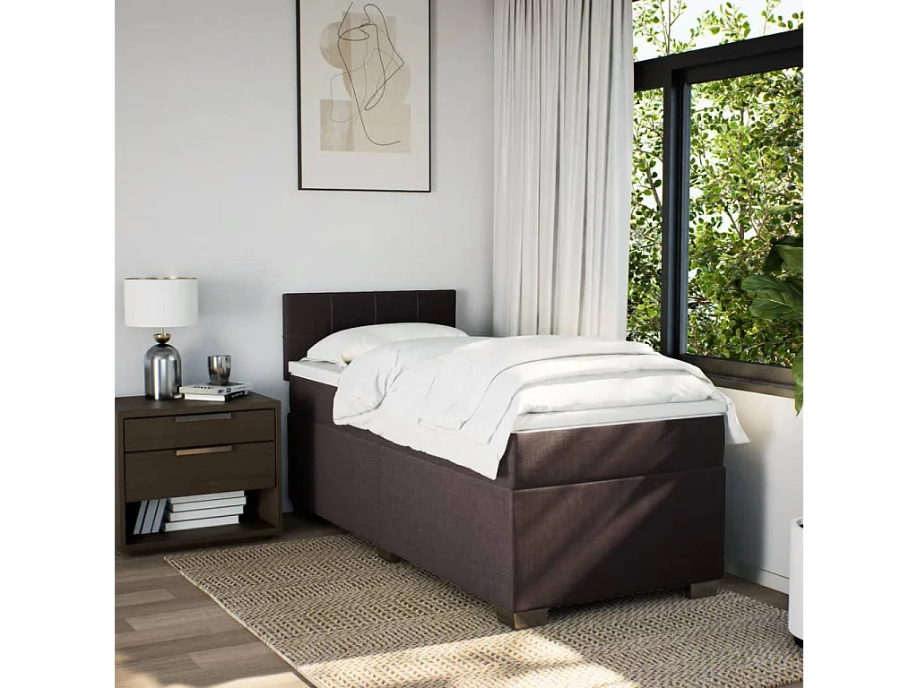 Cama box spring con colchón tela marrón oscuro 90x200 cm