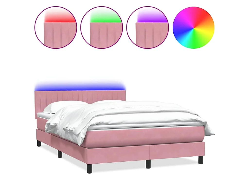 Sommier à lattes de lit avec matelas et LED rose 140x210 cm velours