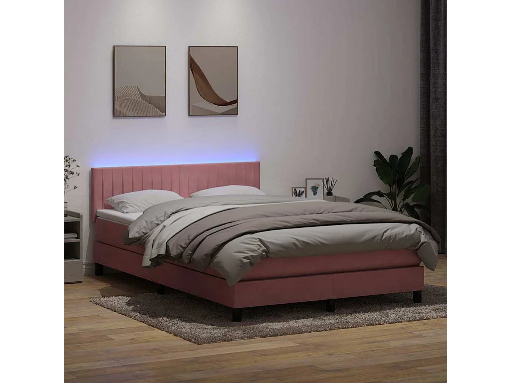 Sommier à lattes de lit avec matelas et LED rose 140x210 cm velours