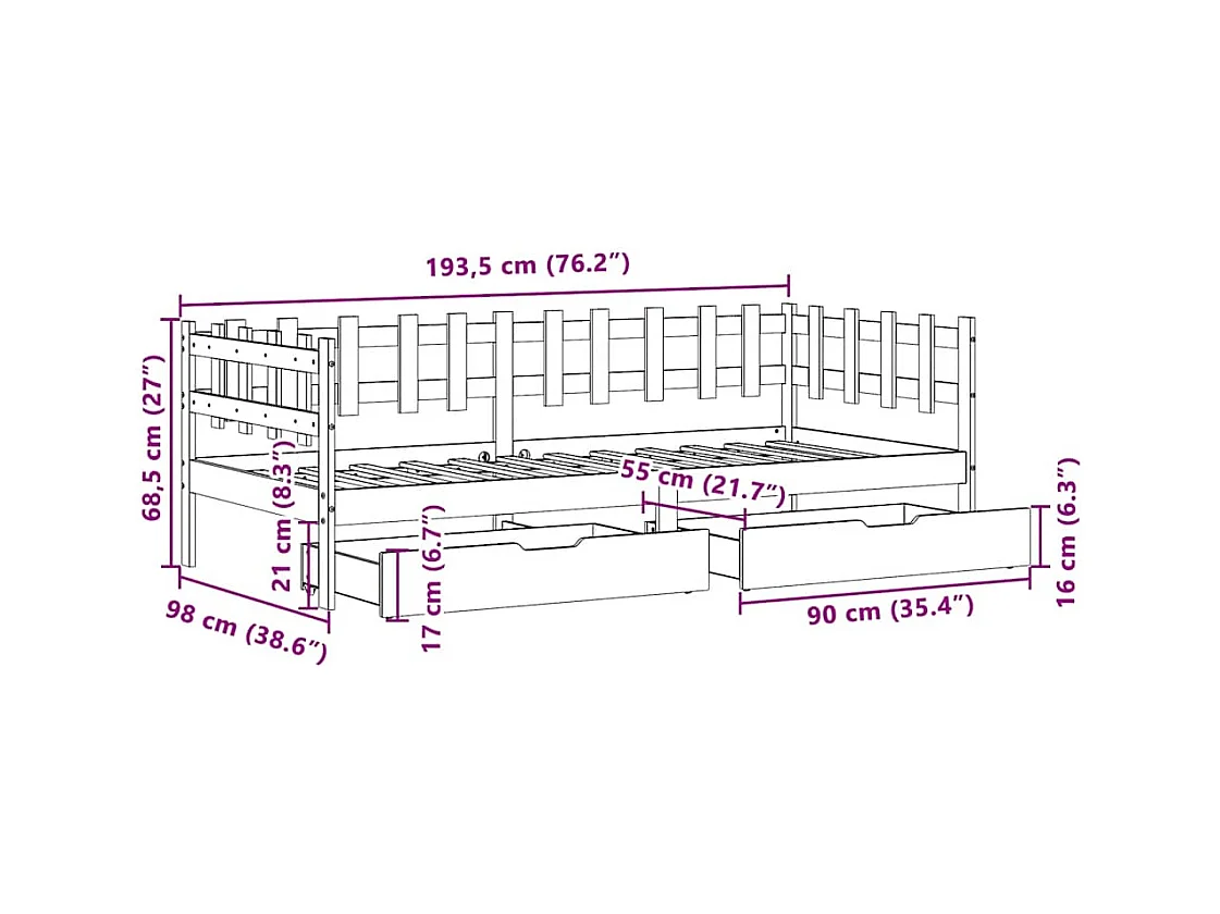 Tagesbett mit Schubladen Weiß 90x190 cm Kiefernholz