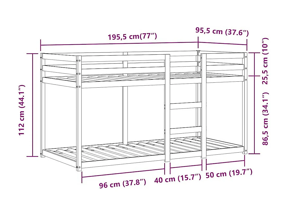 Letto a Castello senza Materasso Blu 90x190cm Massello Pino