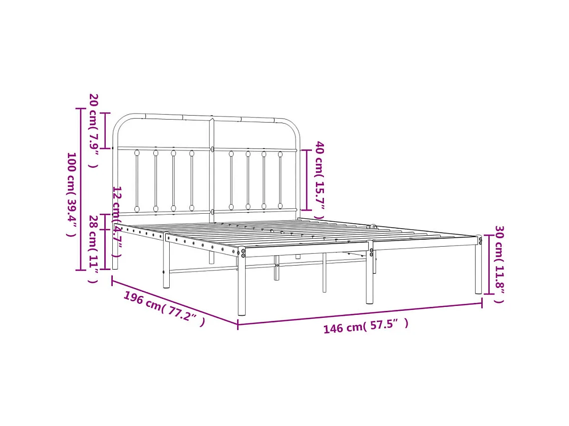 Cadre de lit métal sans matelas avec tête de lit noir 140x190cm