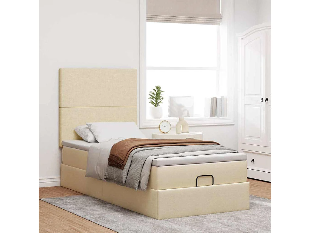 Cama Otomana com colchão & LEDs 90x200 cm tecido creme