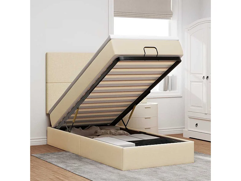 Lit ottoman avec matelas et LED crème 90x200 cm tissu