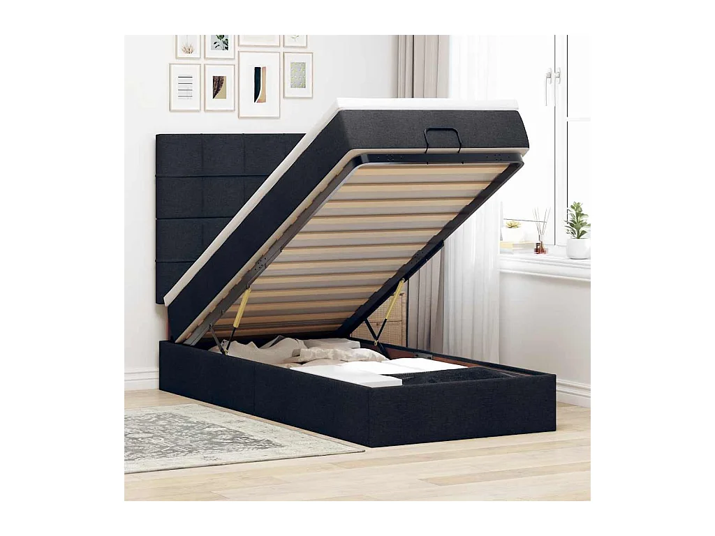 Struttura Letto Pouf con Materasso Nero 90x190 cm in Tessuto