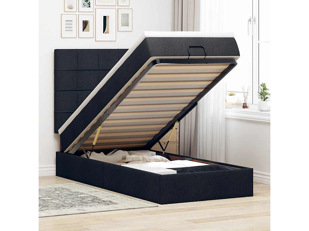 Ottoman-Bett mit Matratze & LEDs Schwarz 90x190 cm Stoff
