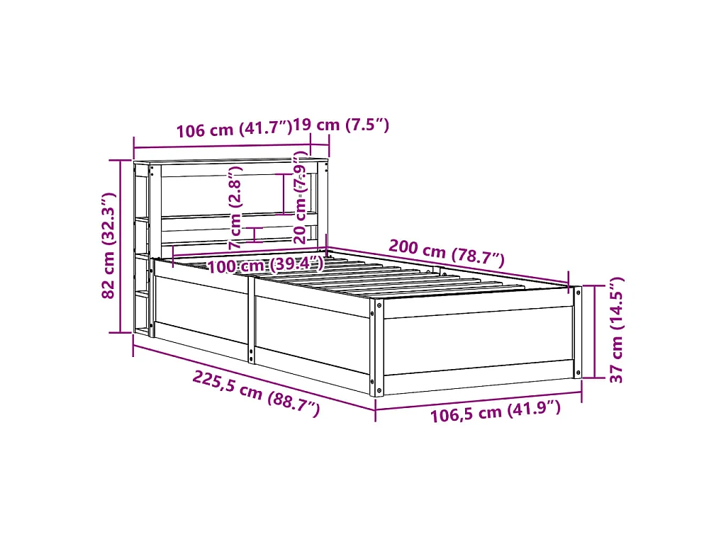 Estrutura cama c/ cabeceira 100x200cm pinho maciço castanho-mel