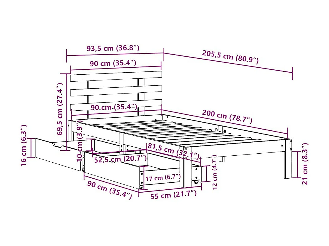 Cadre de lit avec tiroirs sans matelas 90x200 cm
