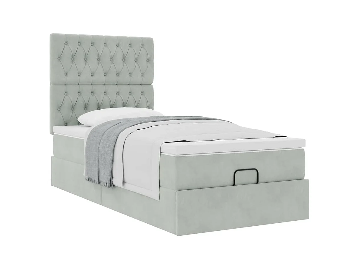 Cadre de lit ottoman et matelas gris clair 90x190 cm velours