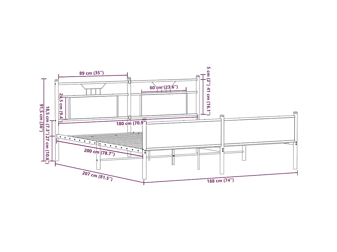 Cadre de lit en métal sans matelas chêne marron 180x200 cm