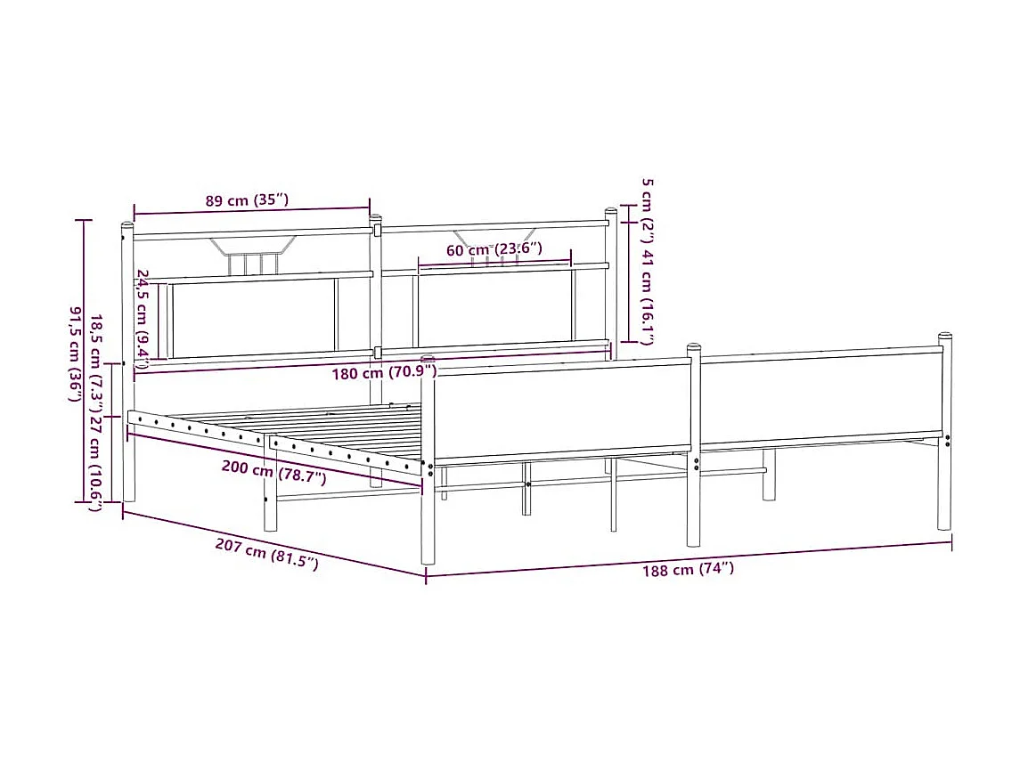 Cadre de lit en métal sans matelas chêne marron 180x200 cm