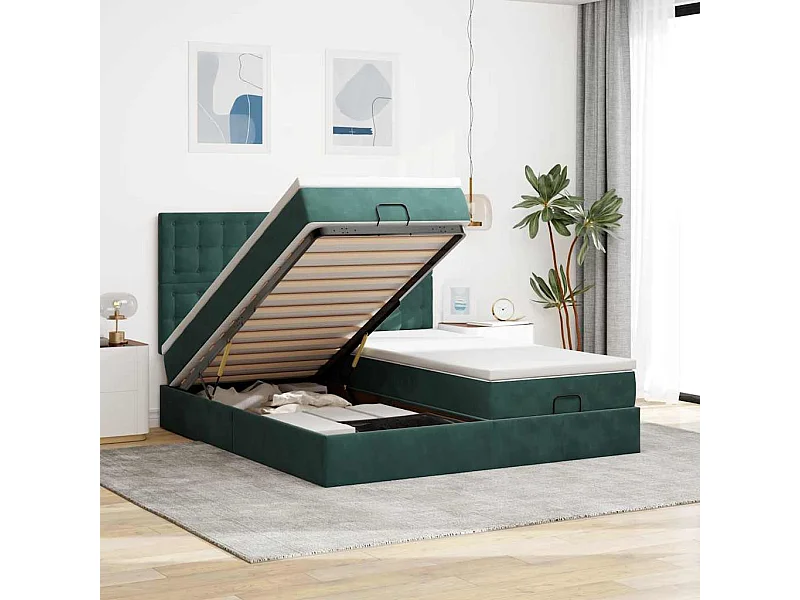 Cadre de lit ottoman avec matelas vert foncé 180x200cm velours