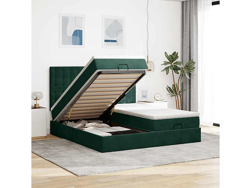 Estrutura de cama otomana com colchão verde escuro veludo