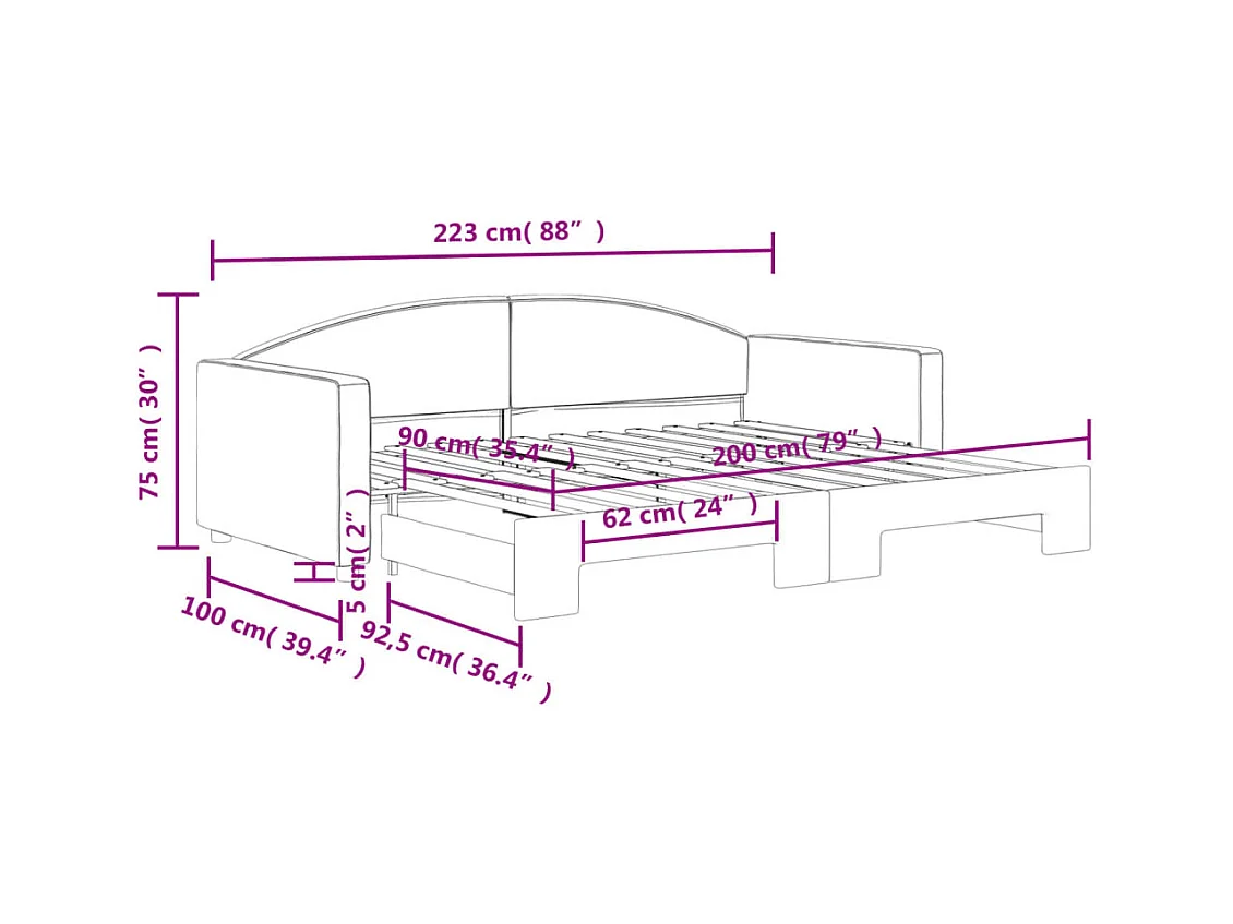 Lit de jour avec gigogne sans matelas taupe 90x200 cm