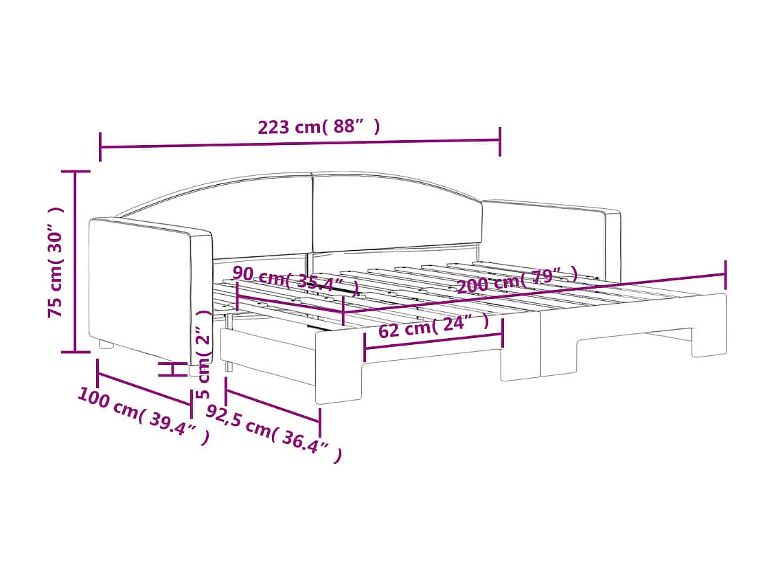 Lit de jour avec gigogne sans matelas taupe 90x200 cm