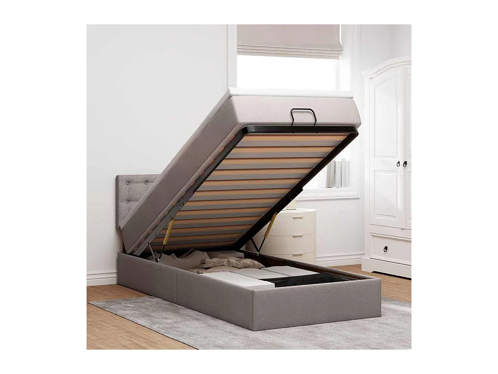 Lit ottoman avec matelas taupe 100x200 cm tissu