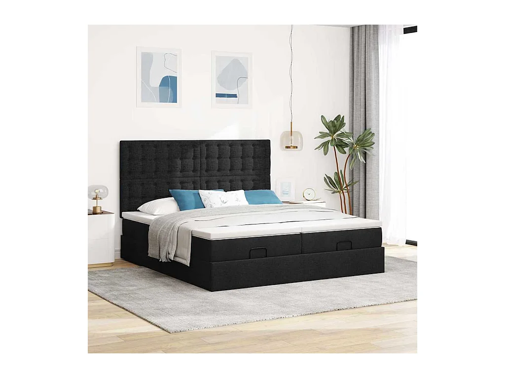 Cadre de lit ottoman avec matelas noir 180x200cm tissu