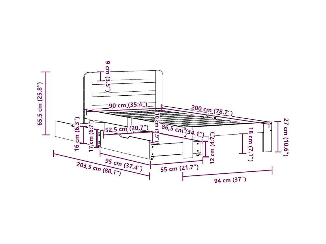 Cadre de lit sans matelas 90x200 cm bois de pin massif