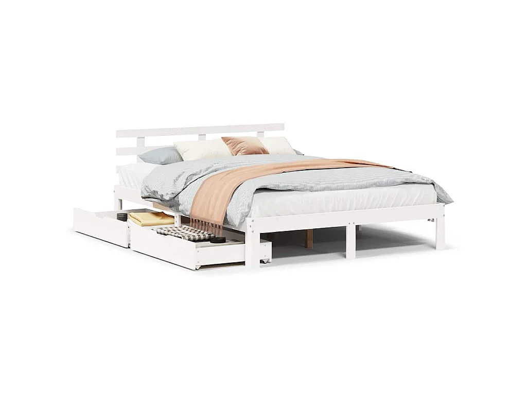 Massivholzbett mit Schubladen Weiß 160x200 cm Kiefer
