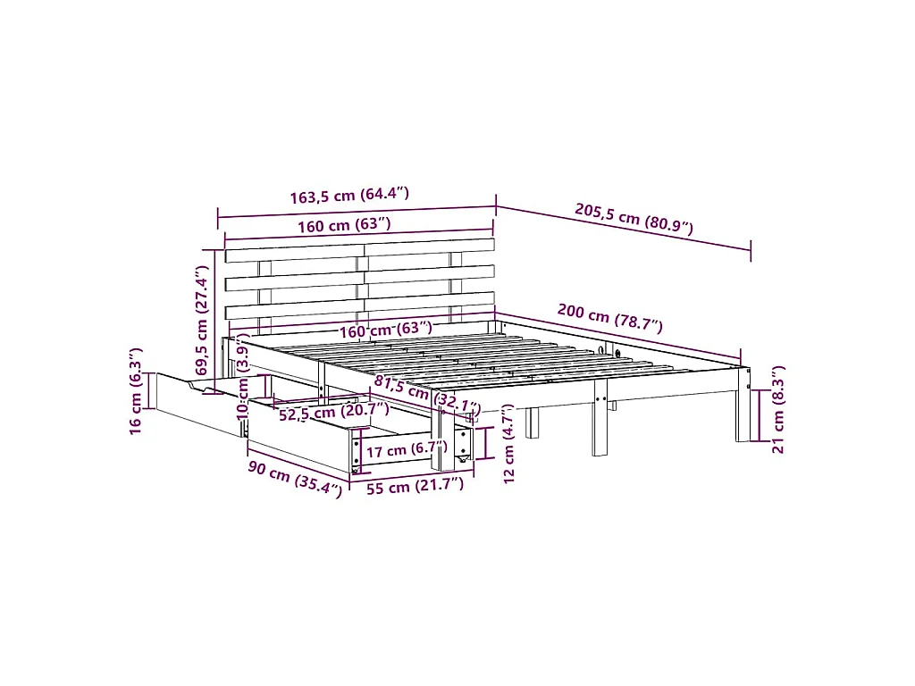 Massivholzbett mit Schubladen Weiß 160x200 cm Kiefer