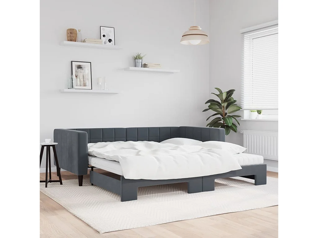 Slaapbank onderschuifbed matrassen 100x200cm fluweeldonkergrijs