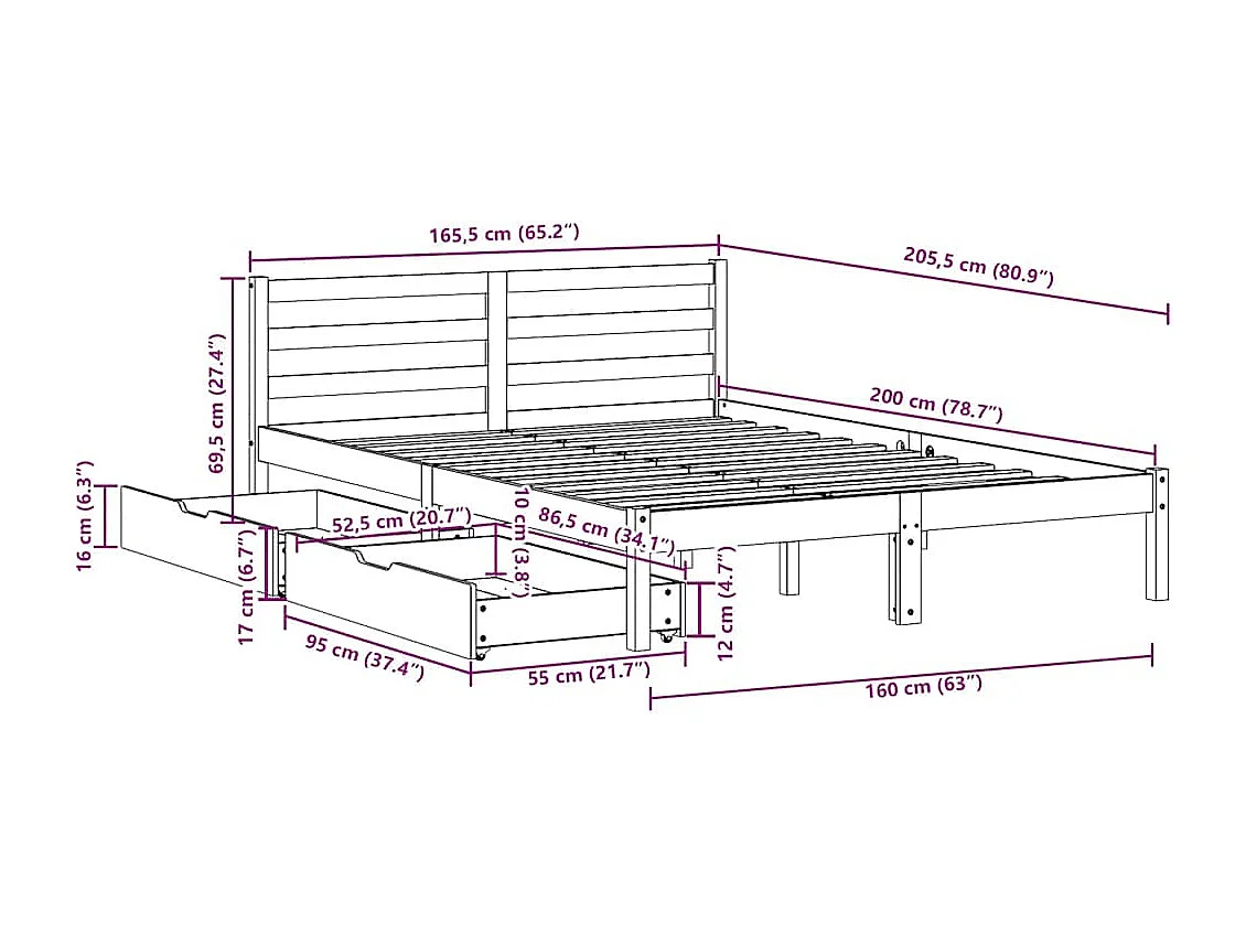 Massivholzbett ohne Matratze 160x200 cm Kiefernholz