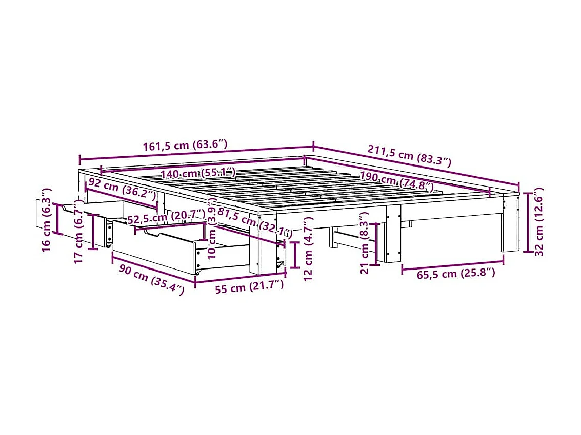 Bedframe zonder matras massief grenenhout 140x190 cm