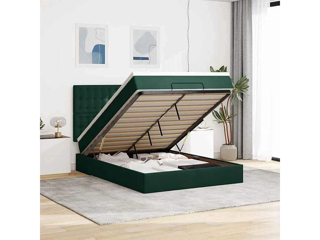 Ottoman-Bett mit Matratzen & LEDs Dunkelgrün 140x200 cm Samt