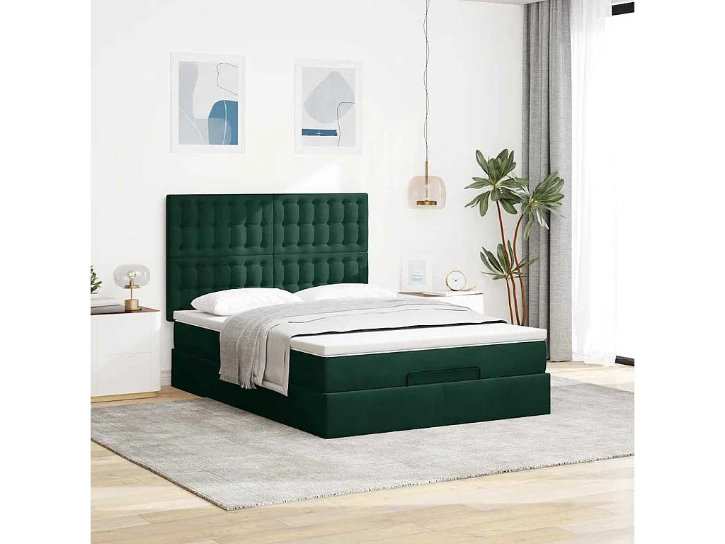 Ottoman-Bett mit Matratzen & LEDs Dunkelgrün 140x200 cm Samt